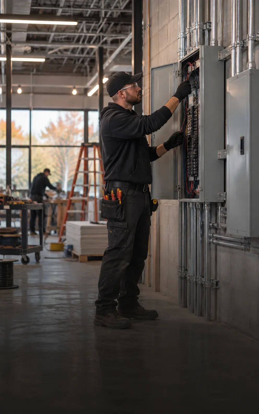 Commercial Electrician Working on Industrial Panel