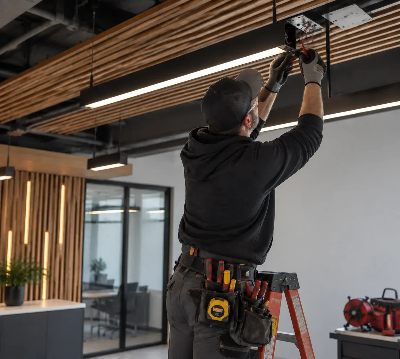 Commercial Electrician Working On Facility Panel